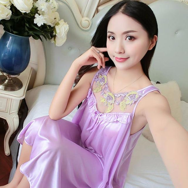 Ladies Sexy Silk Satin Night Dress Sleeveless Nighties Plus Size Nightgown Nightdress Embroidery Sleepwear Nightwear For Women