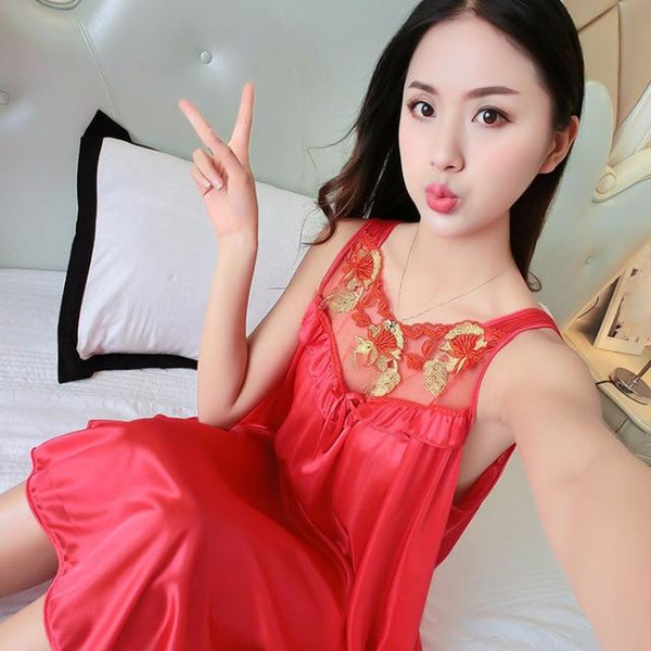 Ladies Sexy Silk Satin Night Dress Sleeveless Nighties Plus Size Nightgown Nightdress Embroidery Sleepwear Nightwear For Women