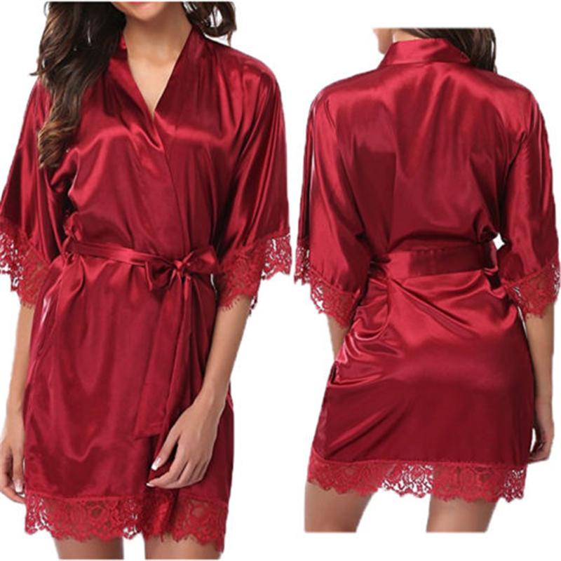 Women Nightdress Satin Lace Sexy Sleepwear Lingerie Night Mini Solid Dress V Neck Nightgown Gown Nuisette Nighty Robe