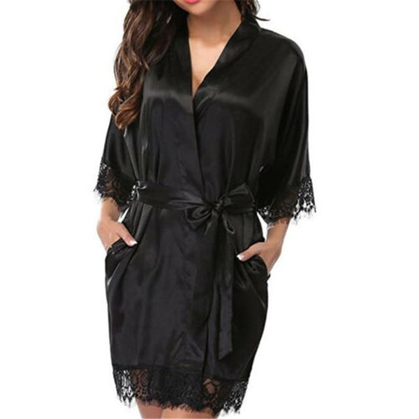 Women Nightdress Satin Lace Sexy Sleepwear Lingerie Night Mini Solid Dress V Neck Nightgown Gown Nuisette Nighty Robe