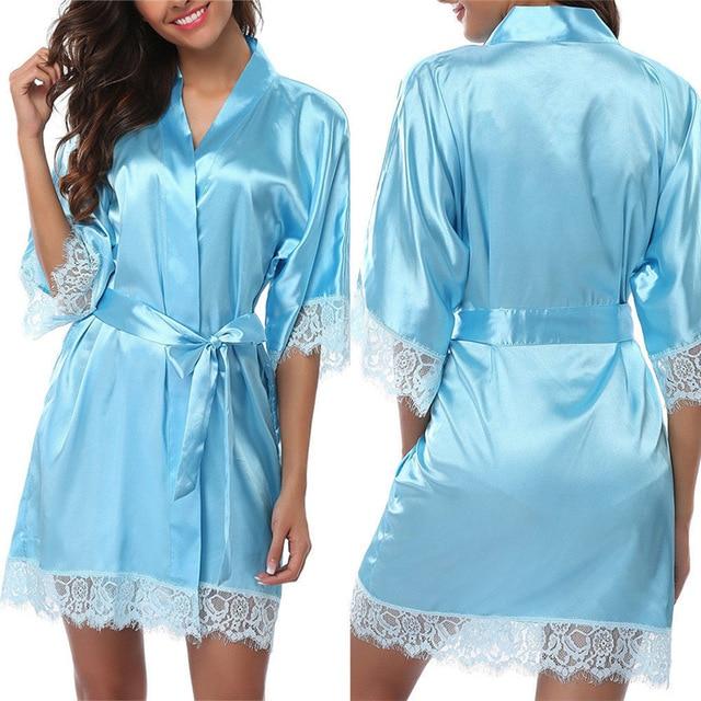 Women Nightdress Satin Lace Sexy Sleepwear Lingerie Night Mini Solid Dress V Neck Nightgown Gown Nuisette Nighty Robe