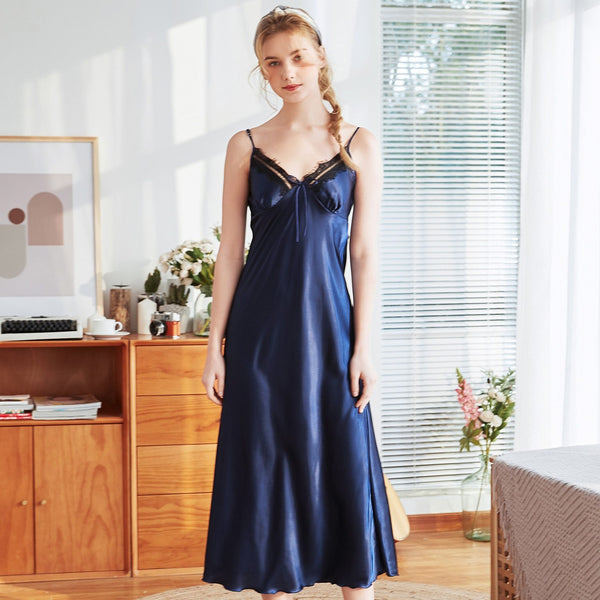 Navy Blue Female Sexy Intimate Lingerie Nightgown Women Long Satin Spaghetti Strap Nighties Faux Silk Nightdress Home Wear