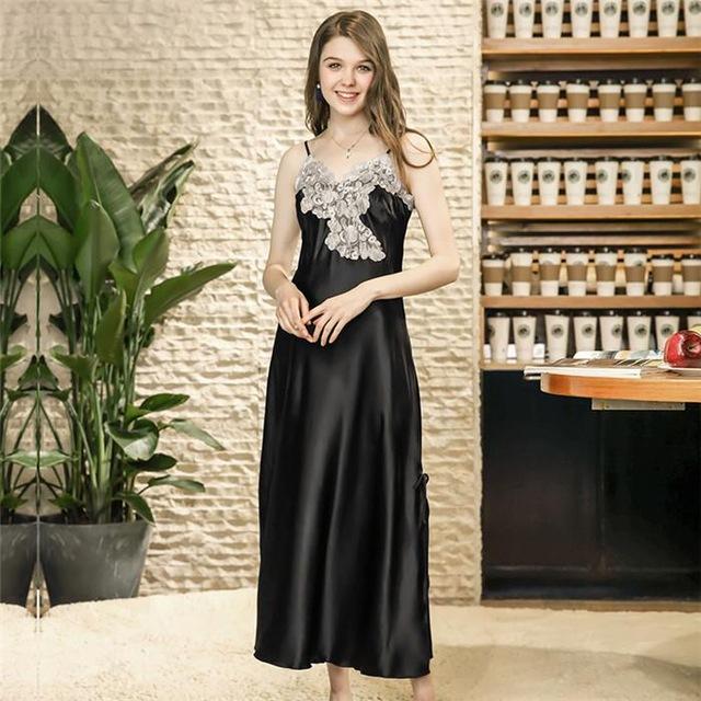 Navy Blue Female Sexy Intimate Lingerie Nightgown Women Long Satin Spaghetti Strap Nighties Faux Silk Nightdress Home Wear