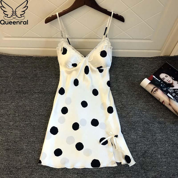 Queenral Sleepwear Nightgown M L XL Summer Night Dress V-Neck Lingerie Nighty Silk Saitin Night Gown Home Wear Nightie For Lady